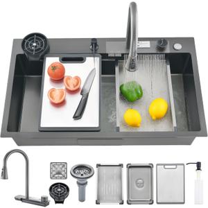 32" x 18" Black-Gray Waterfall Kitchen Sink, Drop In Stainless Steel Modern Single Bowl Sink with Pull-Out Spray Faucet, Cup Washer & Accessories