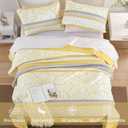 DJY Striped Quilt Set Queen Size, Yellow Grey Boho Striped Patchwork Leaves Printed Bedspread Coverlet Set 3 Pieces Soft Lightweight Microfiber Quilted Bedding Set for All Season (96"x90")