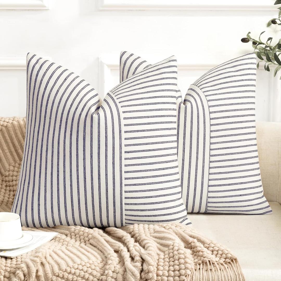 Farmhouse Pillow Covers 20x20, Modern Accent Square Throw Pillow Covers Set of 2, Navy and Beige Striped Patchwork Linen Decorative Pillows Cushion Covers for Couch Chair Bedroom Fall Decorations