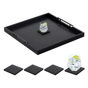 Remagr 24'' Square Extra Large Ottoman Tray, Wood Serving Tray with 4 Coasters and Metal Handles Decorative Coffee Table Platter for Living Room Sofa Food Tea Server Housewarming Home Gift(Black)