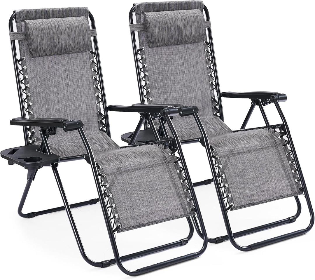 Sweetcrispy Zero Gravity Chairs, Set of 2 Portable Recliner Beach Camping Patio Outdoor Folding Lounge Chair with Cup Holder Trays and Adjustable Pillow for Poolside, Garden, Backyard, Lawn (Grey), 2pcs