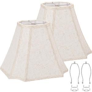 Square Cut Corner Bell Lamp Shades Set of 2, 6.5" x 13"x 10.5" Medium Beige Lampshades Natural Linen Hand Crafted, Include 2 Pack Lamp Harps, Suitable for E26 and Saddle Base, Easy Assembly Required