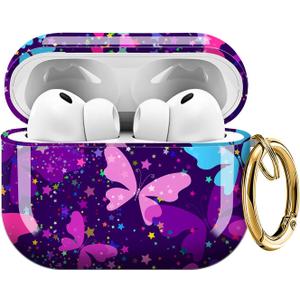 Cute Case Cover Compatible with AirPod Pro 3 Generation(2025), Shockproof for Women & Girls with Cute Golden Round Buckle  Protective, Anti-Drop Design(Cute Purple Butterfly)