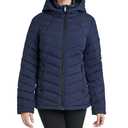 HFX Women's Mid-Weight Puffer Jacket – Stretch Fabric Winter Coat, Faux Fur Hood Lining, Thumbhole Cuffs, Midnight Navy, Large