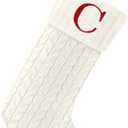 Paulmele 20 Inches Christmas Stockings with Initials, Knit Embroidered Letter White Christmas Stocking, Monogram Christmas Stocking for Famliy Holiday and Xmas Tree Fireplace (Letter C)