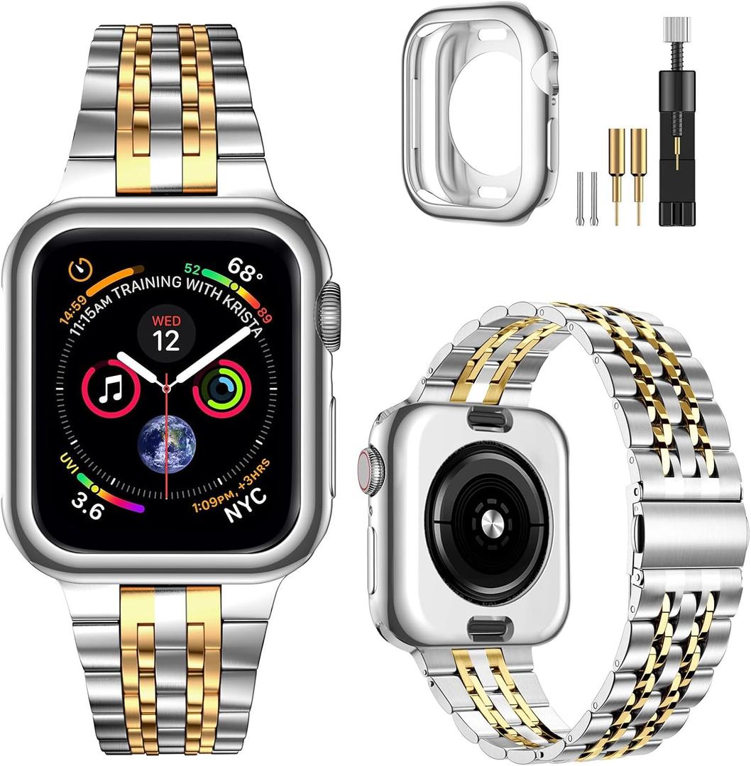 Slim Stainless Steel Band and Case for Apple Watch 42mm Series 11 10
Solid Metal Chain Strap for Womem Men, Compatible with iWatch Bands 42mm(Series 11/10), Silver/Gold