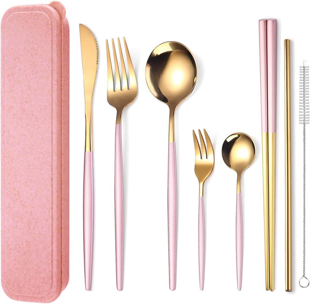 AARAINBOW 8 Pieces Stainless Steel Flatware Set Portable Reusable Cutlery Set Travel Utensils Set Including Chopsticks Knife Fork Spoon Straws Cleaning Brush Dishwasher Safe (Pink Golden) AARAINBOW 8 Pieces Stainless Steel Flatware Set Portable Reusable Cutlery Set Travel Utensils Set Including Chopsticks Knife Fork Spoon Straws Cleaning Brush Dishwasher Safe (Pink Golden)