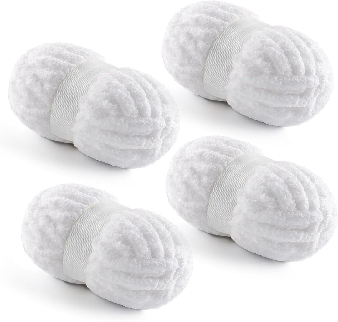 4 Pack Chunky Yarn for Hand Knitting - Chunky Chenille Blanket Yarn for Crocheting - Jumbo Fluffy Yarn for Crochet - Super Bulky Yarn 25 yds 7.7 oz Each Skein (Pure White)