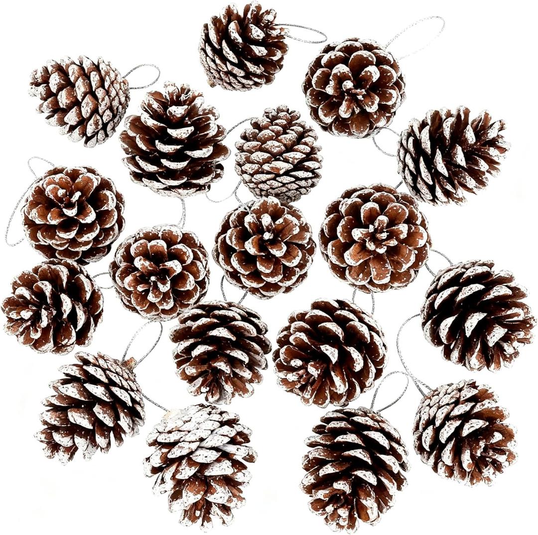 18 Pcs Christmas Pinecones Ornaments Rustic Pine Cones Hanging with String Pinecone Christmas Tree Decorations for Farmhouse Christmas Wedding Fall Party Wreath Centerpiece DIY Crafts (White)