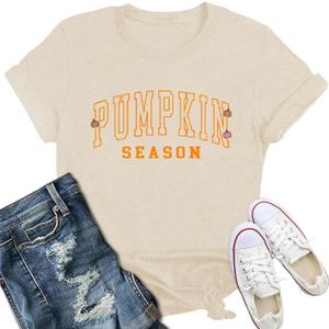 Pumpkin Shirts for Women Fall Season T-Shirt Halloween Thanksgiving Autumn Crewneck Tee (Beige, S)