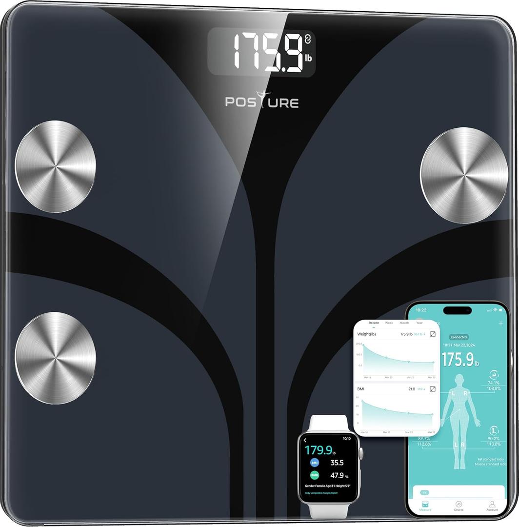 Posture Scale for Body Weight, Digital Bathroom Smart Scale, 13 Body Composition Analyzer Sync Weight Scale BMI Health Monitor Sync Apps 400lbs - Black (11.8*10.2)