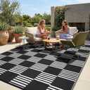 Garvee Waterproof Outdoor Rug 8x10, Checkered Foldable Plastic Straw Patio Camping Rug, Outdoor RV Carpet for Deck Camper Porch Balcony Backyard Picnic Beach Black and White
