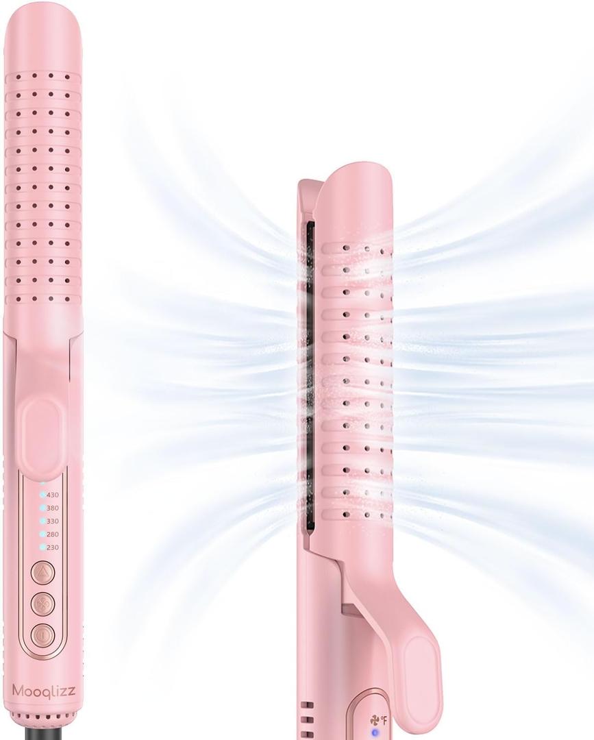 Airflow Styler Curling Iron, Hair Straightener and Curler 2 in 1 with 360Cooling Vents Dual Voltage Adjustable Temp, Rose Pink