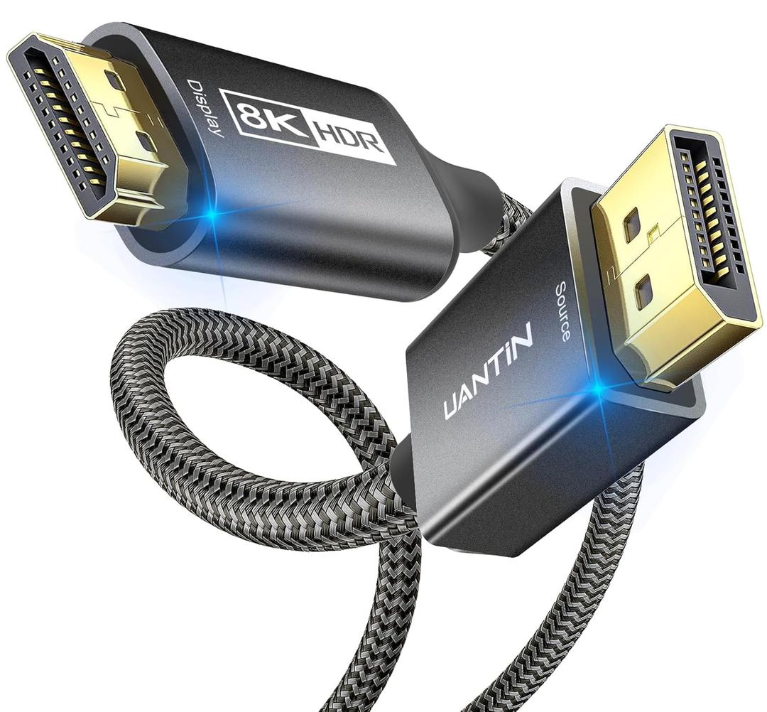 UANTIN DisplayPort to HDMI 8K Cable (8K@60Hz,4K@120Hz,2K@144Hz) 6FT DP 1.4 (Source) to HDMI 2.1 (Display) Uni-Directional Braided Cord Support HDCP2.3/HDR10/DSC for PC, AMD, NVIDIA