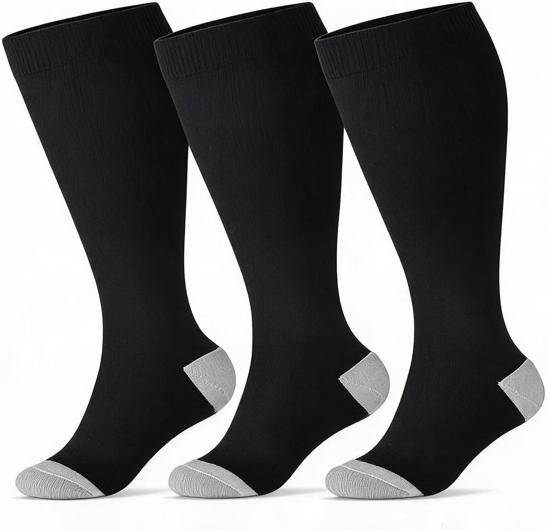 3 Pairs Wide Calf Compression Socks for Women Men 20-30 mmHg Knee High (Black)
