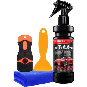 Adhesive Remover, Dissolve & Soften Adhesives on Car Glass & Paint, Easily Remove Glue Sticker Labels Decals Tape Residue, Portable Spray Removal Set with Scraper, Spatula, Towel -3.4oz/100ml