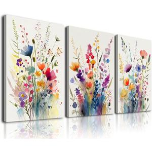 KBKBART Framed Canvas Wall Art Set of 3, Colorful Wildflower Floral Prints Watercolor Flowers Pictures Wall Decor, Botanical Bathroom Wall Decor for Bedroom Living Room Gallery - 12x16