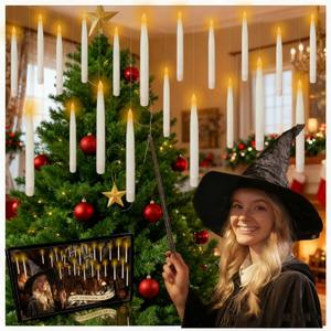 Floating Candles with Wand, 18pcs Hanging Candles Christmas, Warm LED Flickering Flameless Taper Candle with Remote, 6.7in Battery Operated Magic Candle for Home Party Christmas Decorations