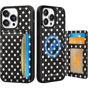 Uppuppy for iPhone 12/12 Pro Case with Wallet - Fits 4 Card Slots, Compatible with MagSafe for Women Aesthetic PU Leather Credit Card Holder Kickstand Phone Cover for Apple 12/12 Pro, Black Polka