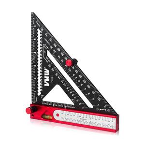6-in-1 Carpenter Square 7 inch (1/8" Precision) Rafter Square Multi-Purpose Carpenter Tools:Square,Protractor, 1/16" Precision Steel Ruler,Marking Gauge,T-Bevel Gauge,Bubble Level (Red)