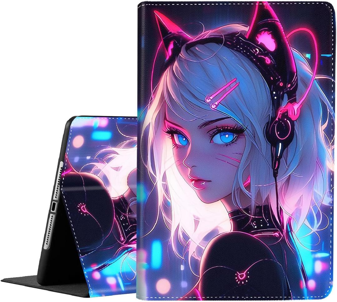 Case for iPad 9th/ 8th/ 7th Gen 2021/ 2020/ 2019 iPad 10.2 Inch Also Fit iPad Air 3th Gen 2019/ iPad Pro 10.5 inch，Standing Cover with Auto Sleep/ Wake， Cat Girl Blue Neon Anime