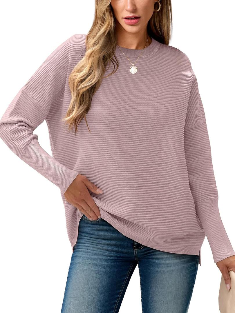 ANRABESS Womens Oversized Batwing Long Sleeve Ribbed Knit Sweaters 2025 Fall Outfits (Small, Pink)