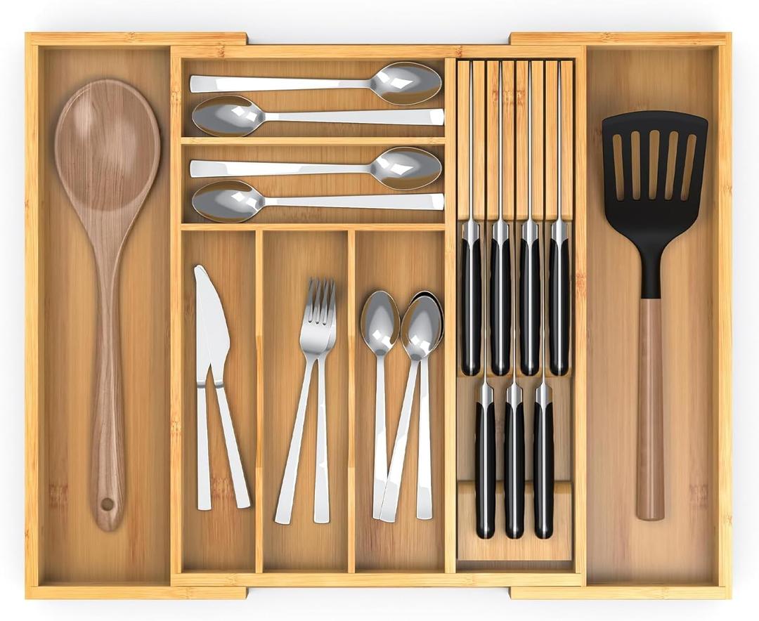 Nexxuss Bamboo Kitchen Drawer Organizer, Expandable Utensil Organizer with Removable Knife Block, Cutlery Tray Holder with Divider, Adjustable Silverware Organizer, Wood Tableware Dividers Storage