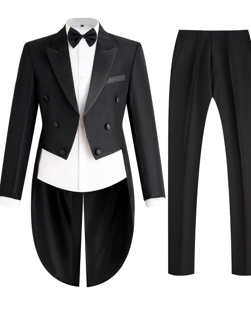 Mens Tailcoat Suit Jacket Tuxedo Double Breast Swallow Tail Coat Pants Bow Tie XS