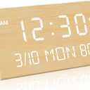 Kogonee Wooden Digital Alarm Clock, 0-100% Dimmer, 2 Alarm Settings, Weekday/Everyday Mode, 9 Mins Snooze, 12/24H, Temperature and Date Display for Office, Travel, Bedroom Alarm Clock (Bamboo)