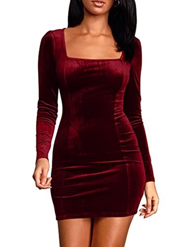 cailami Women's Sexy Bodycon Long Sleeve Velvet Elegant Mini Homecoming Party Dresses, Small, Burgundy, Size Small