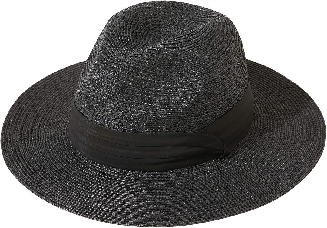 Lanzom Women Wide Brim Straw Panama Roll up Hat Fedora Beach Sun Hat UPF50+ (Large-X-Large, 02-fold Belt Black)