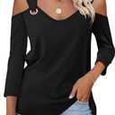 Minetom Women's V Neck 3/4 Sleeve Shirts Cold Shoulder Tops Basic Summer Tees (X-Large, A Black)