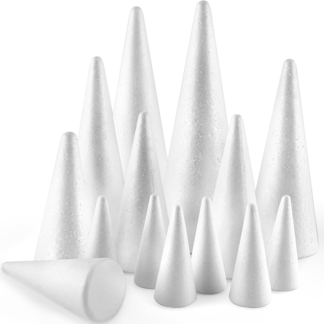 Yalumo Foam Cones for Crafts, 5 Sizes White Polystyrene Foam Tree Cone 3-10 Inch Tall for DIY Home Craft Project, Christmas Tree, Decorations Gnomes, Table Centerpiece, Wedding, Holiday, 14 Packs