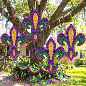 Bucherry 4 Pcs 10 Inch Large Mardi Gras Ornaments Glitter Fleur De Lis Decorations Mardi Gras Purple Green Gold Wreaths for Door Window Tree Masquerade New Orleans Holiday Party Decor