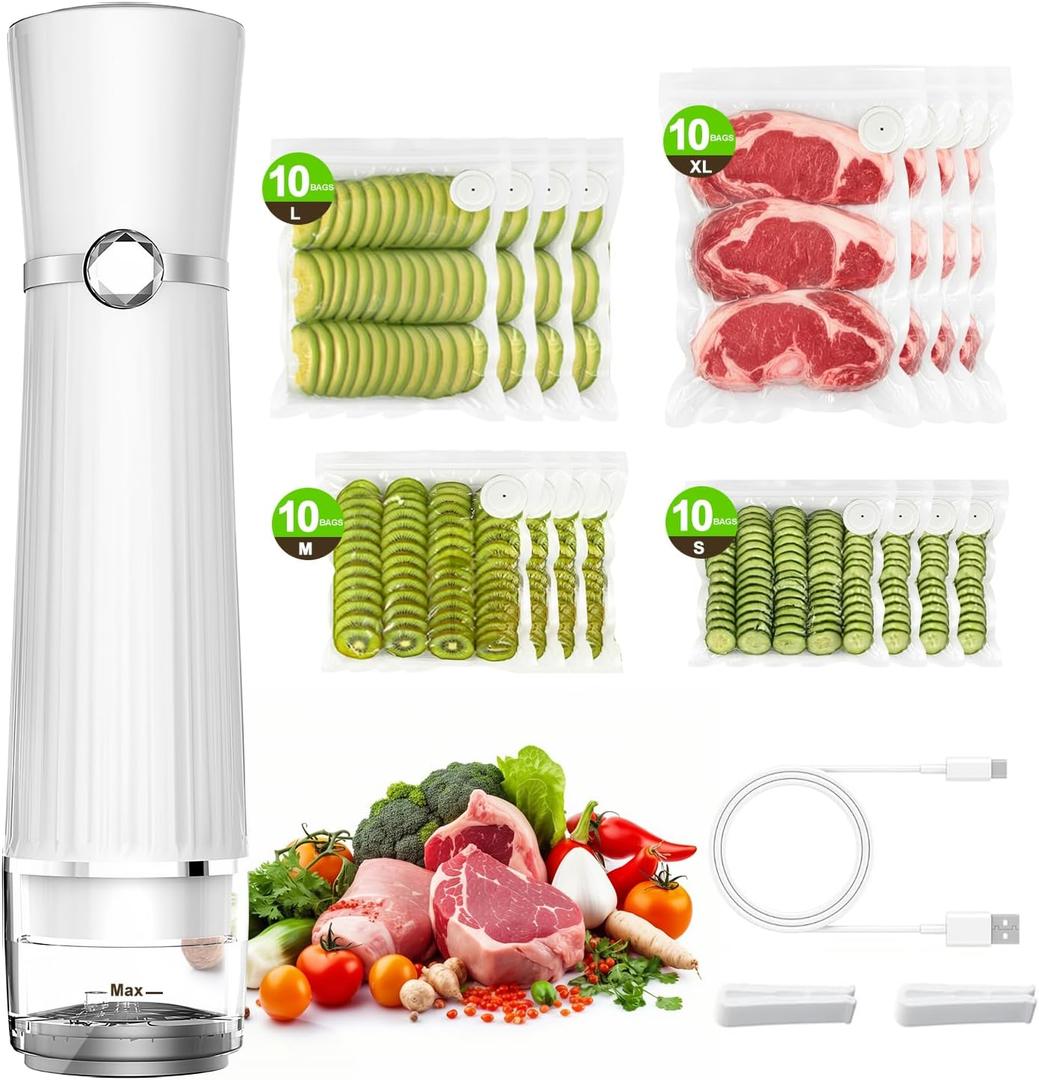 Vacuum Sealer for Food (Compact Vacuum Sealer Machine + 40 Reusable Vacuum Bags), Handheld Vacuum Food saver for 10X Preservation & Fresh, Powerful 80Kpa Portable Vacuum Sealer With 2 Seal Clips