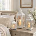 JHY DESIGN Set of 3 Decorative Candle Lantern 19.5" High Metal Vintage Hanging Lantern for Front Porch Home Patio Wedding Party, Festival Decorations(White with Gold Brush)