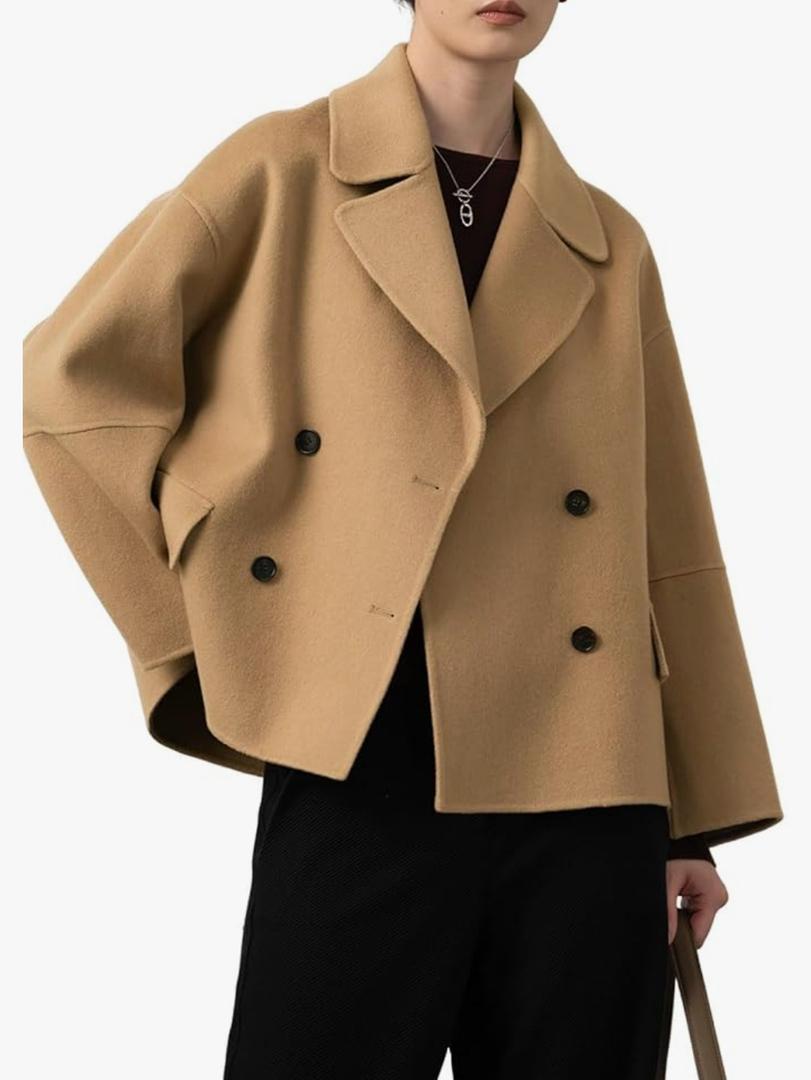 utcoco Women Cropped Wool Pea Coats Notched Lapel Double Breasted Crop Woolen Trench Coat Short Jackets with Pockets, M