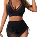 NTSWZYS Women's High Waisted Bikini Sets Mesh Swim Skirt Tummy Control Swimsuits 2 Piece Bathing Suits (Medium, Ck-black)