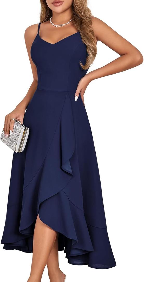 DRESSTELLS Women's Cocktail Party Dress, Formal Wedding Guest High Low Dress, Fit Flare Holiday Prom Dress (Navy), S