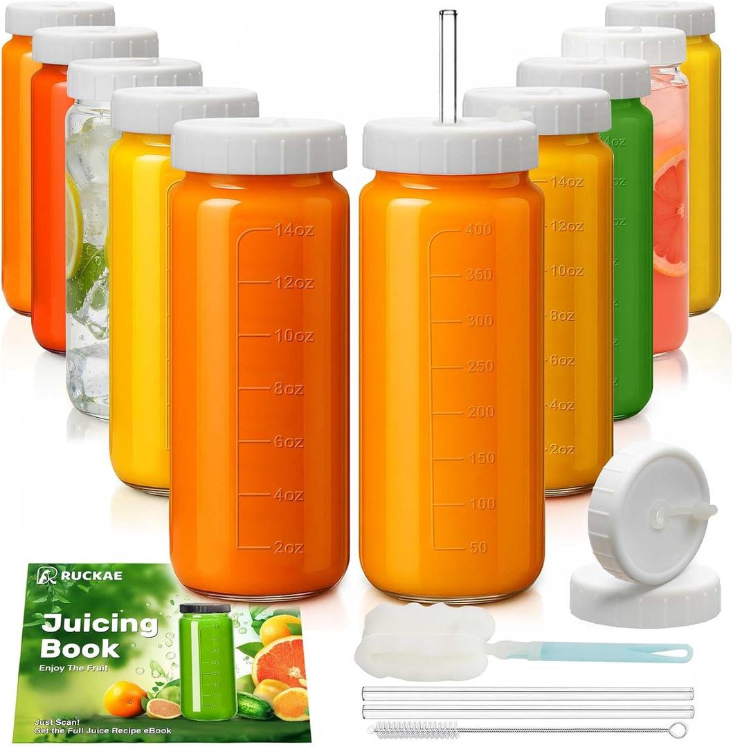 Ruckae 16oz 10 Pack Glass Juice Bottles with Dual Scale, Reusable Glass Bottles with Hole Lids and Straws Mason Jar for Juicing, Smoothies, Kombucha - Water Bottle for Fridge or Gym (Transparent)