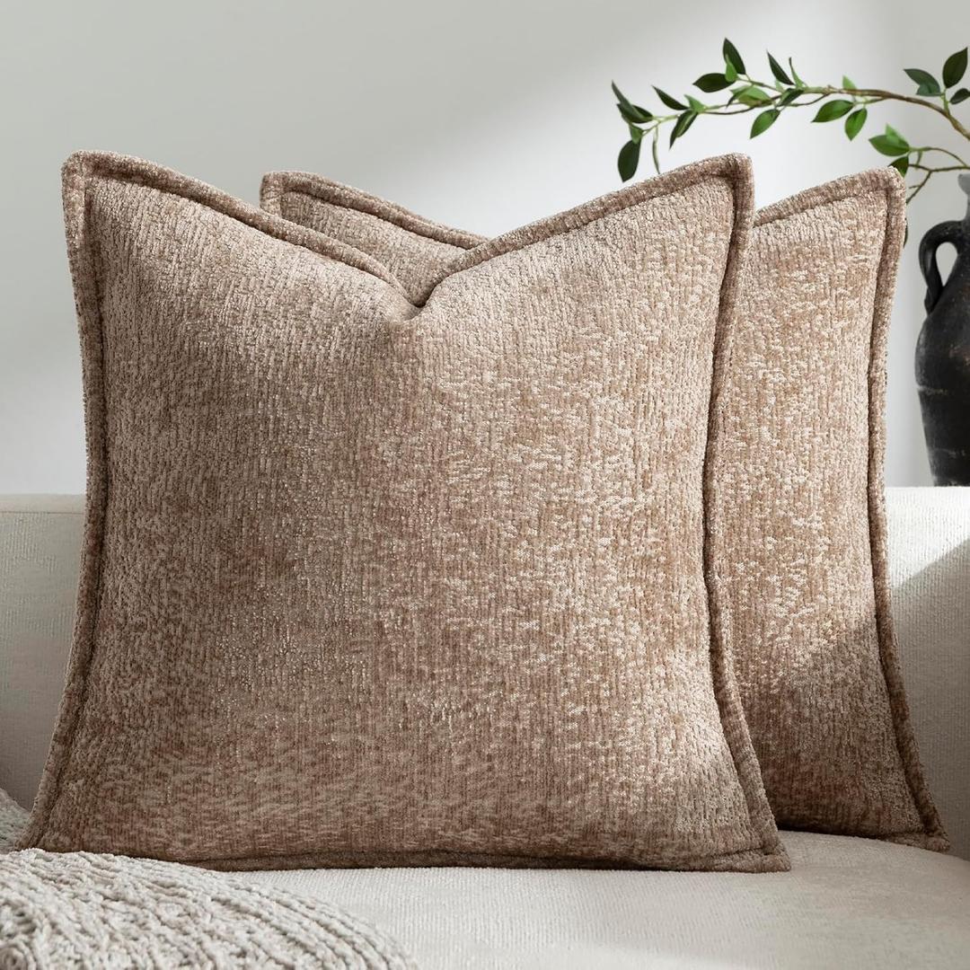DEZENE Pack of 2 Khaki Decorative Throw Pillow Covers 24x24 Cozy Soft Chenille Accent Vintage Square Couch Pillow Covers for Home Decor Bed Sofa Living Room