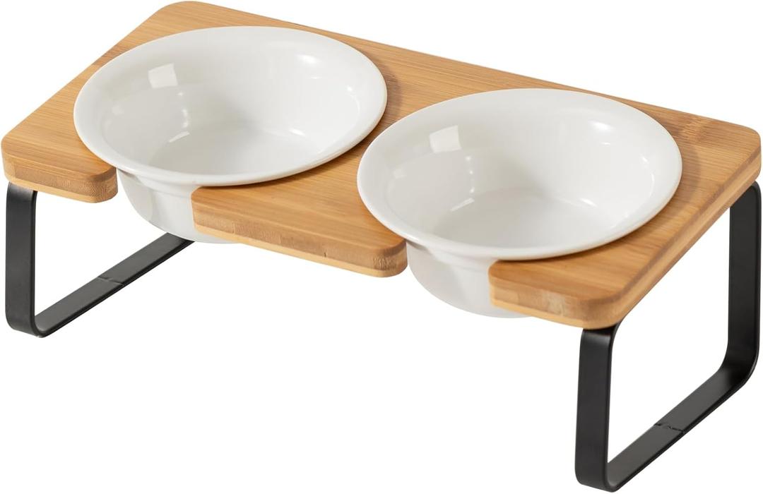 Elevated Ceramic 9.5oz Cat Bowls, 15 Tilted Raised Food Water Dishes with 2 Heights Adjustable Solid Stand, Anti Vomiting Feeder Set for Cats & Small Dogs (Double Bowls+Stand,White)