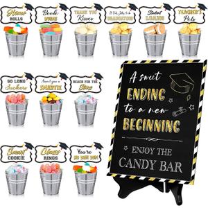 Nuogo 34 Pcs Graduation Candy Buffet Set Include 12 Mini Metal Bucket with Handles 1 Candy Buffet Table Sign with 1 Stand 20 Graduation Candy Buffet Label Grad Candy Bar Party Dessert Food Decoration