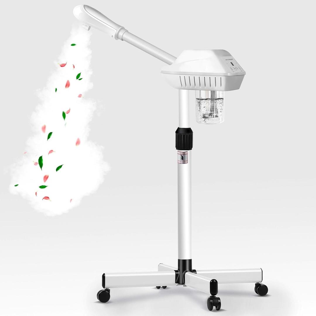 Professional Facial Steamer, Esthetician Steamer on Wheels with Hot Mist, Stand Face Steamer for Facial Deep Cleaning, Steamer for Facial for Personal Care or Spa, Moisturizing and Hydrating, White