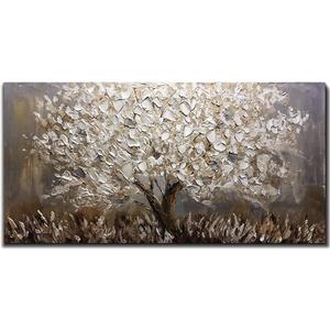Boiee Art,24x48Inch Textured Hand Painted Canvas Paintings Silver Leaf Abstract Tree 3D Oil Paintings Landscape Artwork Modern Home Decor Wall Art Wood Inside Framed Hanging Wall Dcor