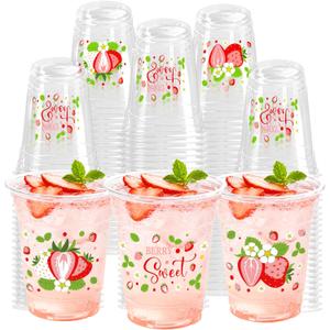 100 Pcs Strawberry Plastic Cups 12 oz Red and White Strawberry Disposable Clear Fruit Cold Beverage Cups for Birthday Baby Shower Summer Party Supplies Favors