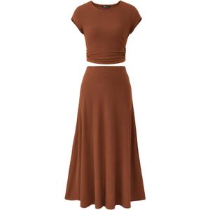 PRETTYGARDEN Two Piece Skirt Set for Women 2025 Summer Spring Dressy Casual Knit Travel Vacation Matching Lounge Outfits (Small, Dark Brown)