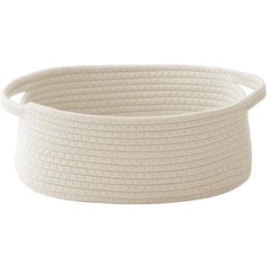 JMvicyroam Woven Basket,Small Rope Storage Bin with Handles & Ribbon Bag, Organizer for Shelves Closets,Gift Basket Empty for Birthday,Books,Dog Toys,White (1 Pack)