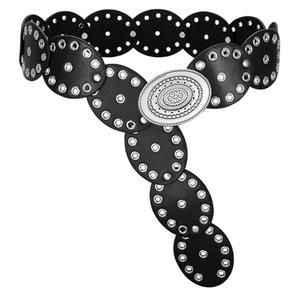 VONMELLI Women Western Disc Belt Cowgirl Concho Leather Belts for Dress Wide Boho Waist Belt for Concert Outfits, Black with Silver Buckle L