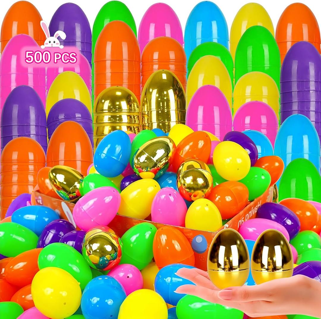 Easter Eggs 500 PCS Bulk, 2.4" Plastic Fillable Easter Eggs Set with 12 Golden Eggs, Colorful Empty Eggs for Kids Easter Egg Hunt Classroom Prizes Basket Stuffers Easter Party Favors